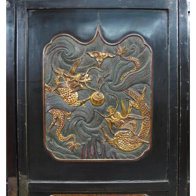 Antique Chinese Room Divider W Hand Carved & Gilded Dragons on Both Sides - Set of 4 For Sale - Image 9 of 13