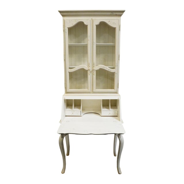 Ethan Allen Country French Collection Off White 32" Secretary Desk W. Display Hutch - Hand Painted Accents 26-9204 / 26-9205 For Sale In Kansas City - Image 6 of 18