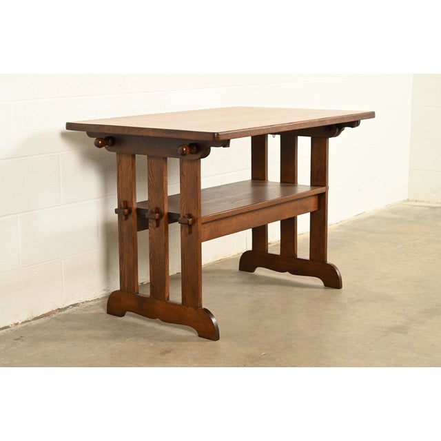Early 20th Century Stickley Style Antique Mission Oak Arts & Crafts Metamorphic Library Table Monk's Chair | Newly Refinished For Sale - Image 5 of 15
