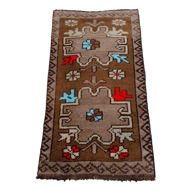 Distressed Low Pile Turkish Yastik Petite Rug Hand Knotted Faded Mat - 17'' X 34'' For Sale - Image 4 of 14