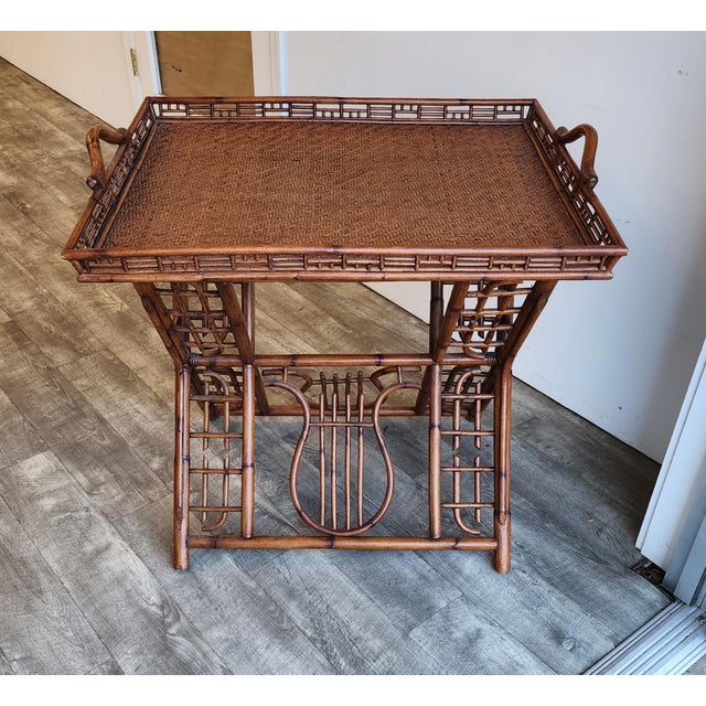 Brown Vintage Ralph Lauren Style Bamboo Butler Tray Table With Lyre Base For Sale - Image 8 of 17