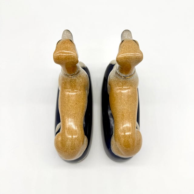 English Mid-Century Staffordshire Style Whippet or Greyhound Ceramic Figurines or Bookends, a Pair For Sale - Image 3 of 10