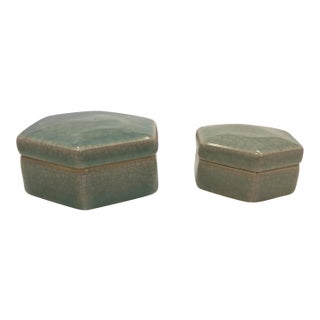 Maitland-Smith Celadon Hexagonal Boxes - a Pair For Sale
