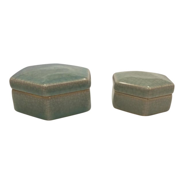 Maitland-Smith Celadon Hexagonal Boxes - a Pair For Sale