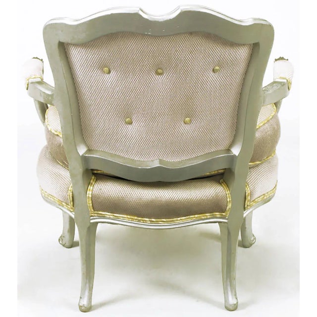 1950s Silver Lacquer Button Tufted Velvet Louis XV Fauteuils - a Pair For Sale - Image 5 of 8