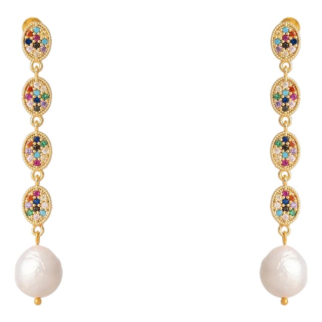 Radiant Gemstone & Pearl Cascade Earrings, A Pair For Sale