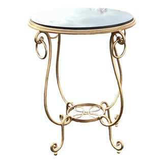 1980s Gold Gilt French René Drouet Style Scrolling Iron Round Marble Side Table For Sale