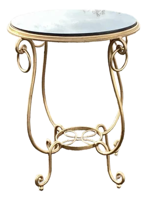 1980s Gold Gilt French René Drouet Style Scrolling Iron Round Marble Side Table