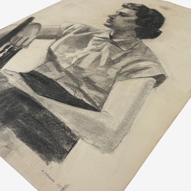 Anthony A. Ferrara (American, 1930–2012) — Realist Seated Woman, Signed (1950, Charcoal on Paper) For Sale - Image 4 of 4