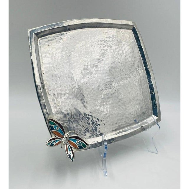 Mid-Century Modern Emilia Castillo Silverplated Butterfly Tray With Stone Inlay, Taxco For Sale - Image 3 of 16
