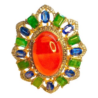 Bochic "Orient" Orange Opal, Emerald, & Diamond Ring Set In 18K Gold & Silver For Sale