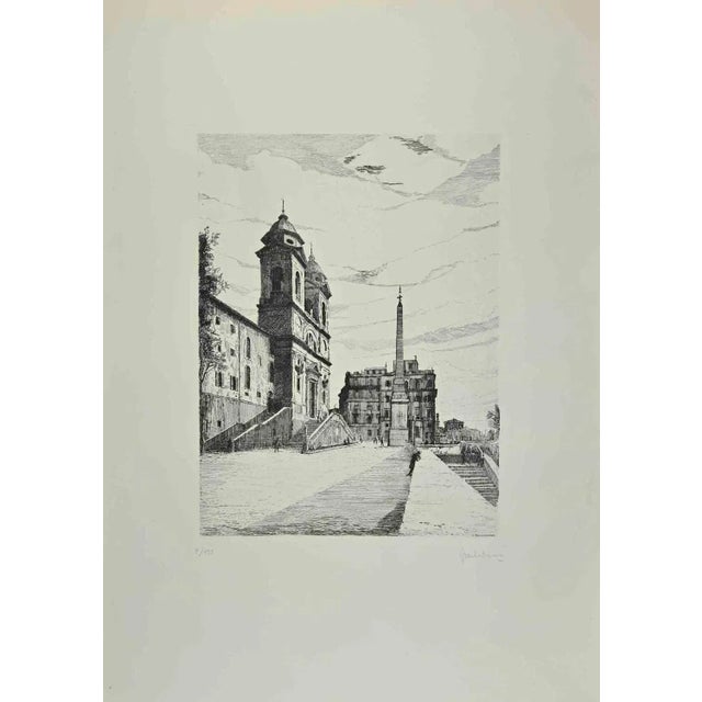 Modern Giuseppe Malandrino, View of Trinità dé Monti, Etching, 1970 For Sale - Image 3 of 3