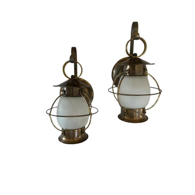 Mid 20th Century Brass Hanging Outdoor Lantern Wall Sconces, A Pair For Sale - Image 4 of 5