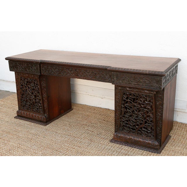 English Finely Carved Anglo-Indian Rosewood Pedestal Desk For Sale - Image 3 of 12