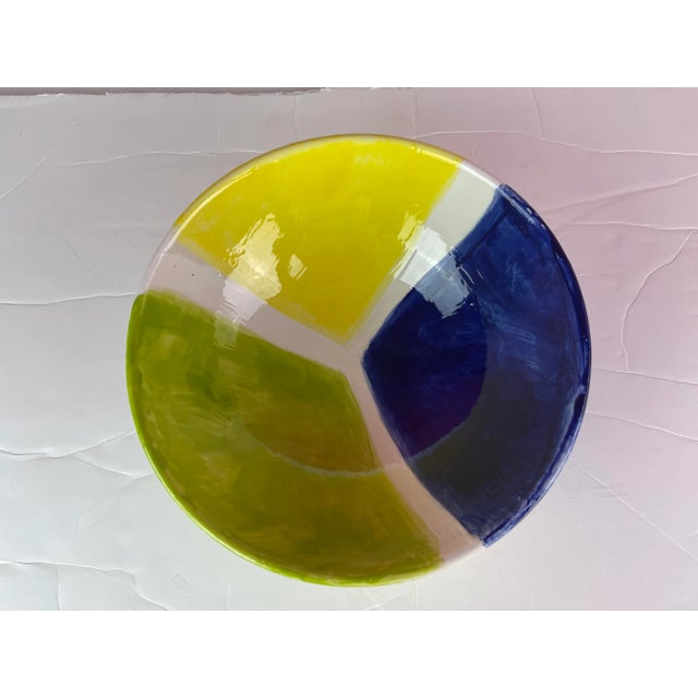 Handcrafted Modern Ceramic Yellow Blue Green Geometric Bowl Dimensions: 10”w x 10”d x 4”h