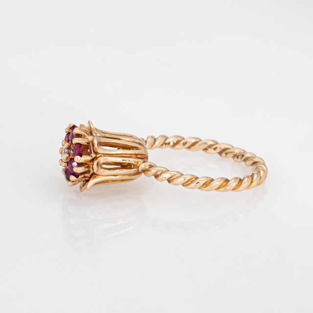 Ruby Diamond Tulip Ring Sz 6 Vintage 10k Yellow Gold Stacking Band Jewelry For Sale - Image 4 of 7