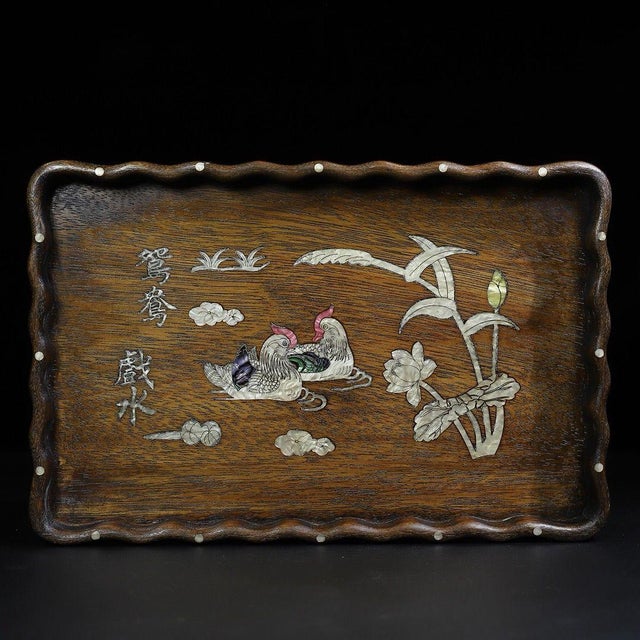 Chinese Huali Rosewood Tray Inlaid With Mother-of-Pearl For Sale - Image 3 of 9