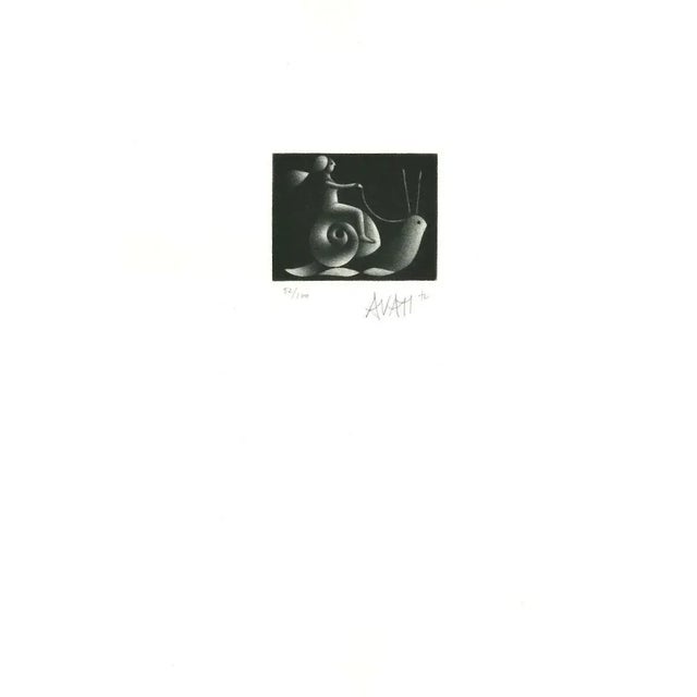 Snail Rider is original etching on paper, realized by the French artist and print-maker master Mario Avati (1921-2009)....
