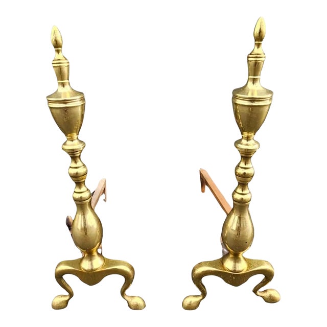 Pair of Early 20th Century Federal Brass and Iron Andirrons For Sale