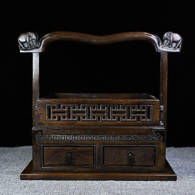 Vintage Chinese Huali Rosewood Carved "Elephant" Handled Picnic Box / Tea Caddy For Sale - Image 4 of 9