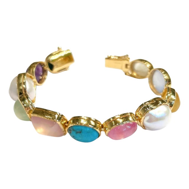 Bochic “Capri” Pink Quartz, Peridot & Agate Bracelet / Bangle Set In 18K Gold & For Sale