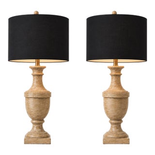 Late 20th Century Belgian Modern French Provincial Turned Urn Table Lamps With Black Linen Drum Shades - a Pair For Sale