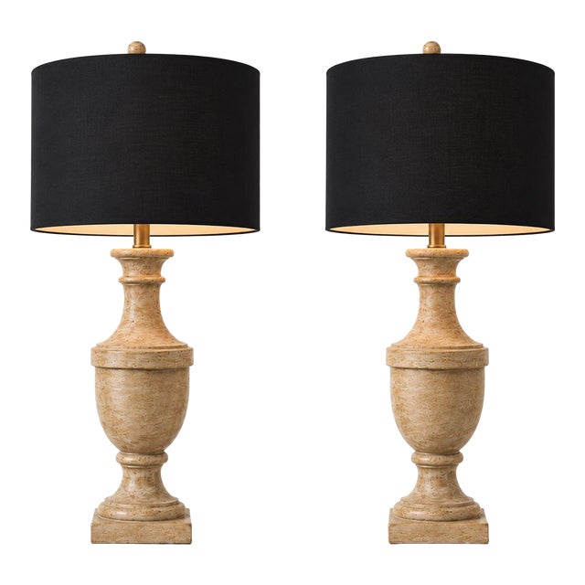 Late 20th Century Belgian Modern French Provincial Turned Urn Table Lamps With Black Linen Drum Shades - a Pair For Sale