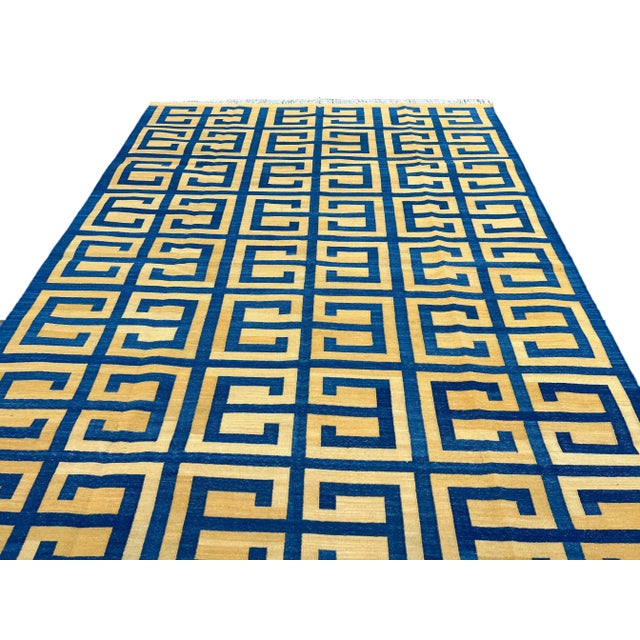 Royal Blue Not Yet Made - Made To Order Handmade Cotton Natural Vegetable Dyed Royal Blue and Yellow Geometric Pattern Rug - 10'x14' For Sale - Image 8 of 11