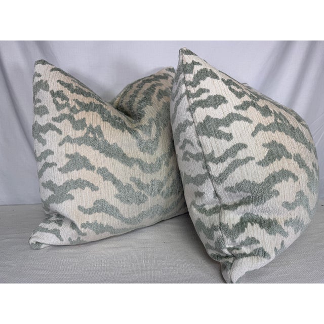 Transitional Tiger Chenille in Aqua/Green 22" Pillows-a Pair For Sale - Image 3 of 3
