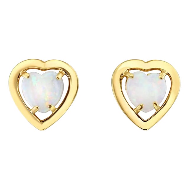 Heart Shaped Opal Studs with Polished Gold Frame 14k Yellow Gold, 2 Pieces For Sale