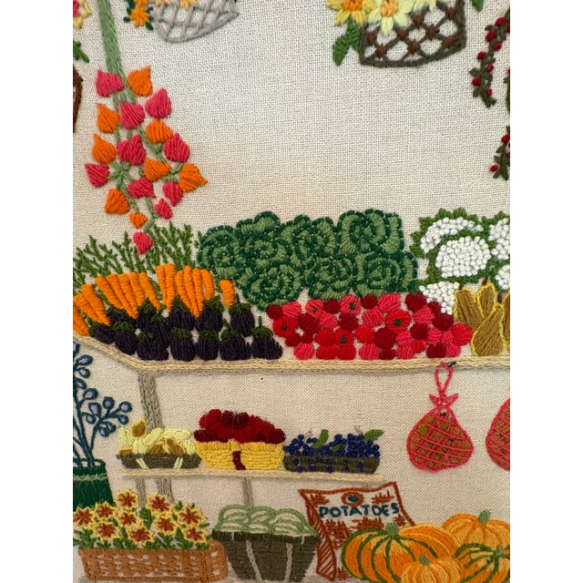 Vintage Nancy Meyers Style Crewel Embroidered Farmers Garden Market Still Life Wall Art For Sale - Image 13 of 14