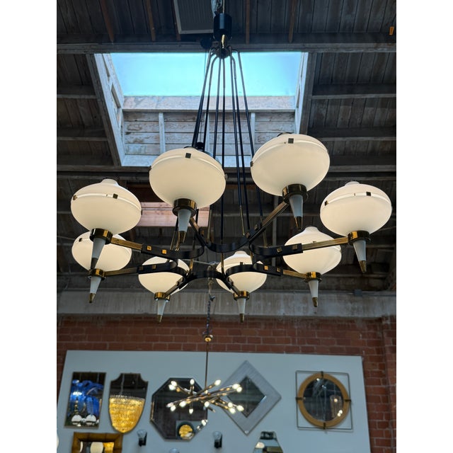 Stilnovo Stilnovo Opaline Glass Chandelier With Brass & Black Accents 1950's For Sale - Image 4 of 8