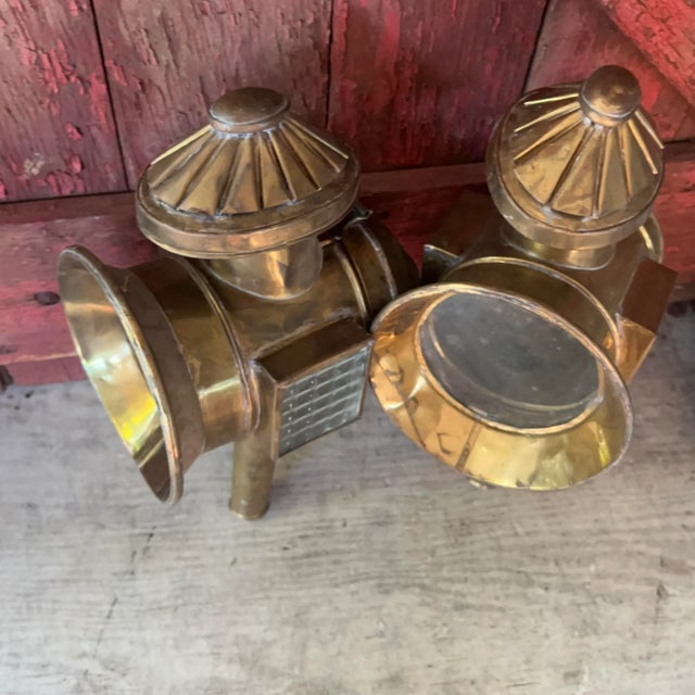 Pair of Antique Brass Carriage Lanterns With Glass Panels & Hinged Doors Vintage Home Decor or Restoration Pieces For Sale - Image 10 of 18
