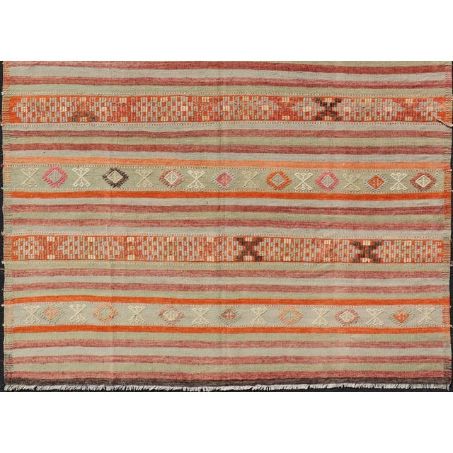 Mid 20th Century Mid 20th Century Vintage Turkish Kilim With Colorful Stripes in Orange Lt. Green Red & Gray For Sale - Image 5 of 13