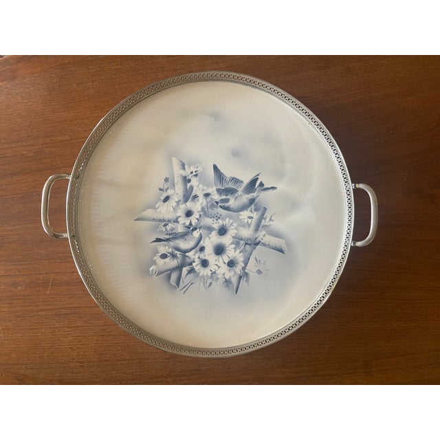 Antique German Theodor Paetsch Porcelain Spritzdekorin Air Brush Lilies Birds Serve Tray For Sale - Image 9 of 9