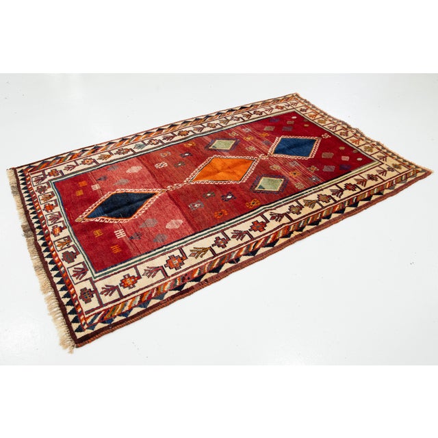 Tribal 4 X 7 Room Size Persian Shiraz Wool Rug in Red With Tribal Motif For Sale - Image 3 of 8