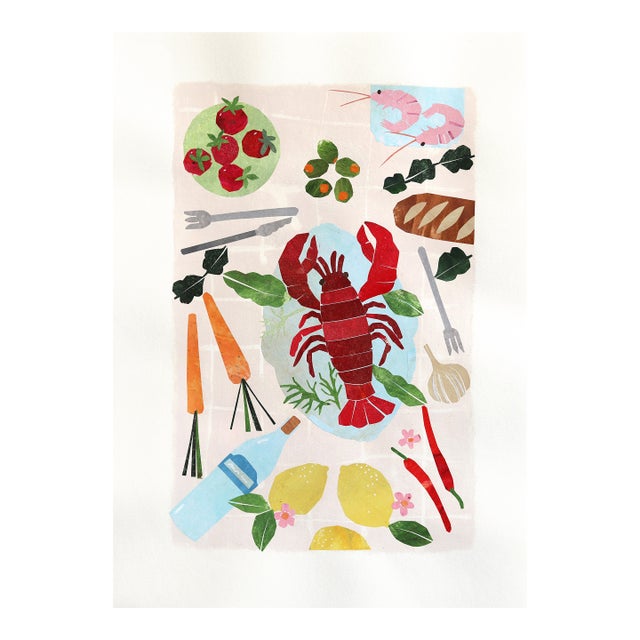 The Lobster Party 2 - Seafood Still Life Collage Mixed Media Art on Paper Original Artwork by Maria C Bernhardsson For Sale