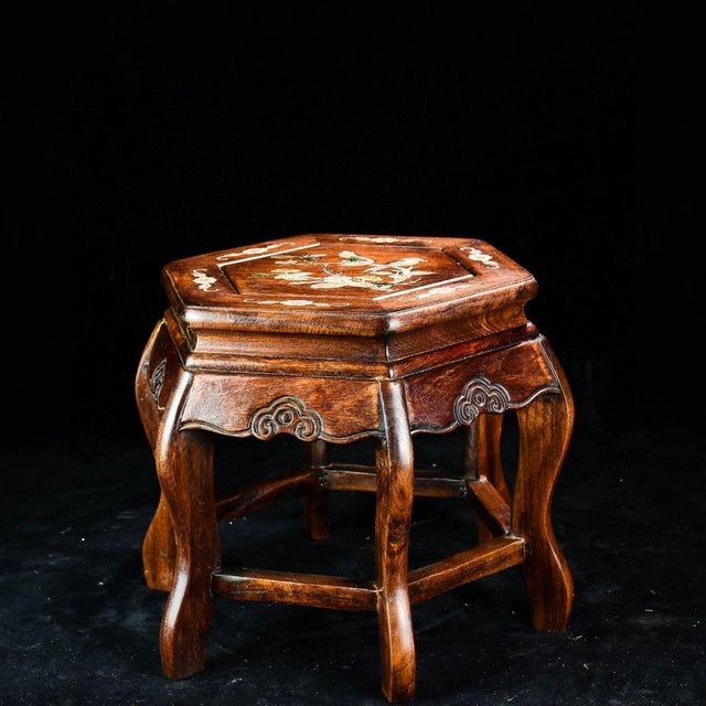 Vintage Chinese Rosewood Hexagonal Stool / Mother of Pearl Inlay Plant Stand For Sale - Image 9 of 9