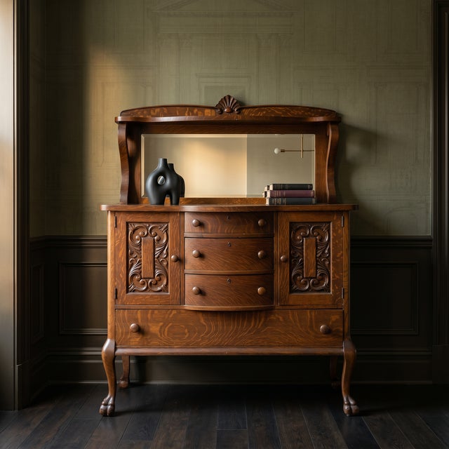 Antique American sideboard or buffet dating to the late 19th or early 20th century, attributed to the Victorian era with...