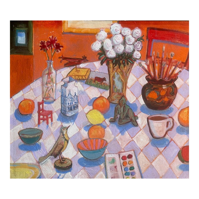 Large Oil Interior With Still Life Table Hartman For Sale