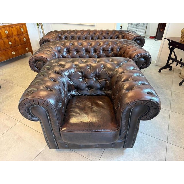 Animal Skin Chesterfield Sofas and Club Chair in Leather, Set of 3 For Sale - Image 7 of 18