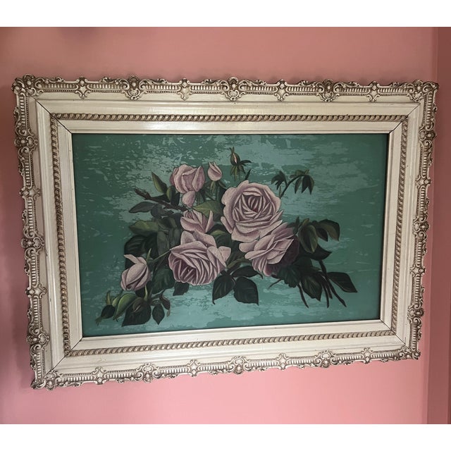 Beautiful antique/vintage hand-painted glass floral picture featuring dusty pink and mauve roses with deep green foliage...