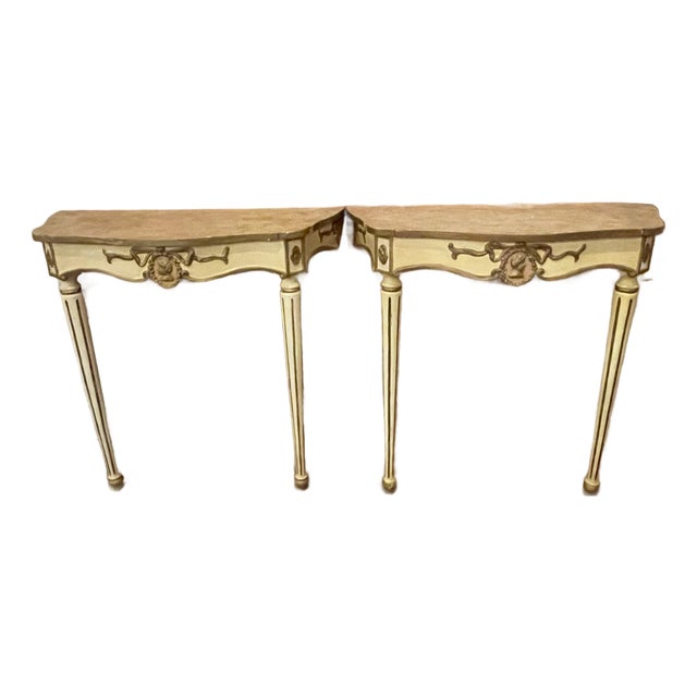 Pair of Mid 20th Century French Hollywood Regency Small Painted Cameo Wall Mount Pier Console Tables For Sale