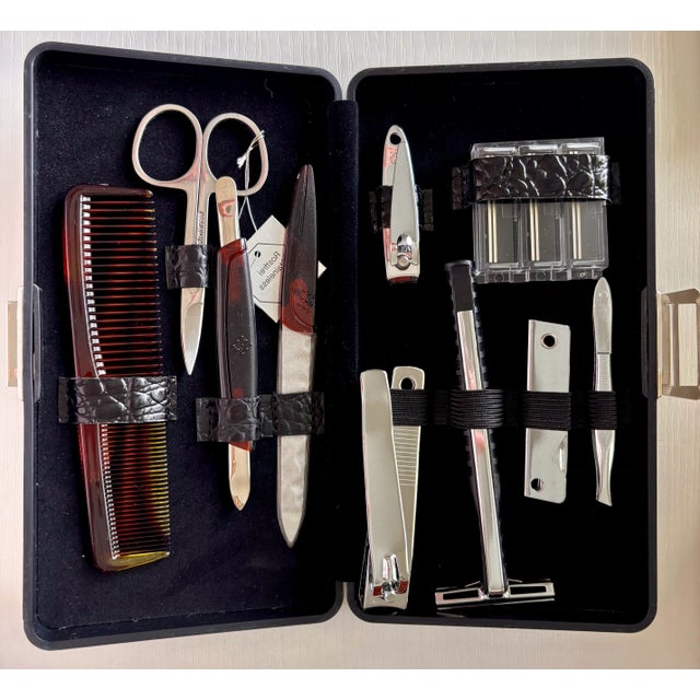 Late 20th Century 1990s Rostfreier Stahl Gentlemen’s Grooming Tools Kit - Manicure Set & Black Embossed Leather Travel Case / Stainless Steel, Germany For Sale - Image 5 of 12