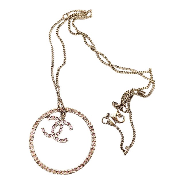 Chanel Gold CC Pink Crystal Ring Pendant Necklace For Sale