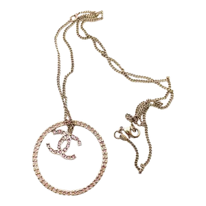 Chanel Gold CC Pink Crystal Ring Pendant Necklace