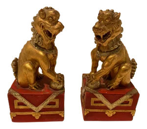 Pair of Vintage Chinese Red and Gilt Buddhistic Lions