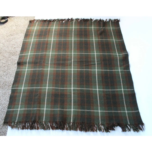 Vintage Army Green & Brown Plaid Wool Blanket For Sale - Image 4 of 15