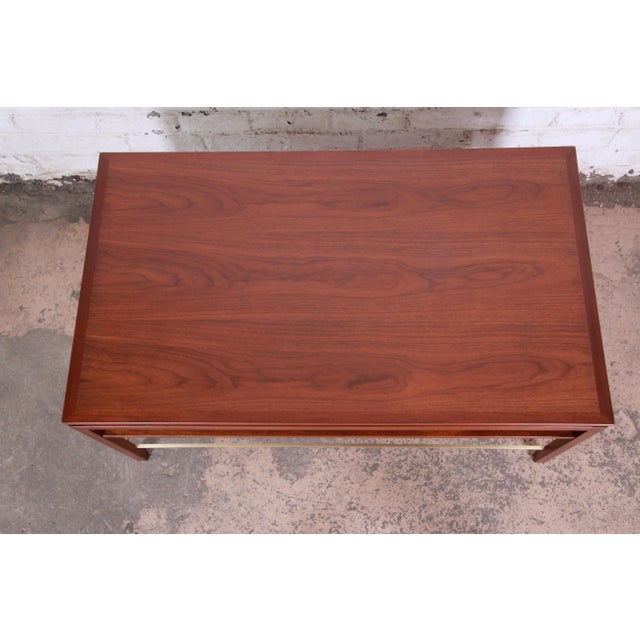 1950s Edward Wormley for Dunbar Two-Tier Walnut and Brass Cocktail Table, Newly Refinished For Sale - Image 5 of 13