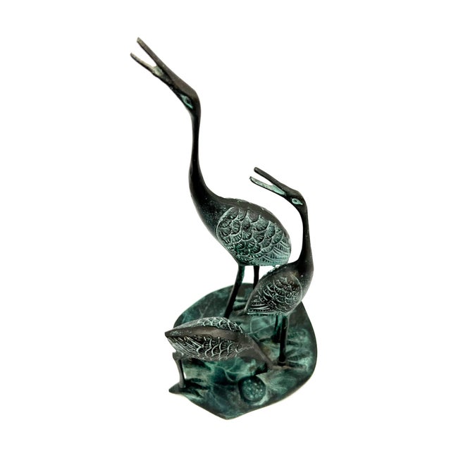 Alberto Giacometti Vintage Verdigris Bronze Crane Trio Sculpture - Mid-Century, Asian Inspired, Coastal For Sale - Image 4 of 12